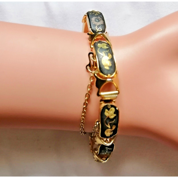 Vintage IA Signed Gold Inlaid Damascene Panels Bracelet Hinged Safety Chain - Picture 3 of 5